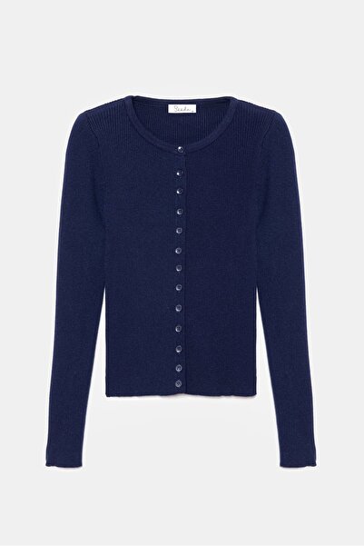 Saade كارديجان نسائي بأزرار وياقة دائرية وأكمام طويلة من التريكو المضلع باللو...