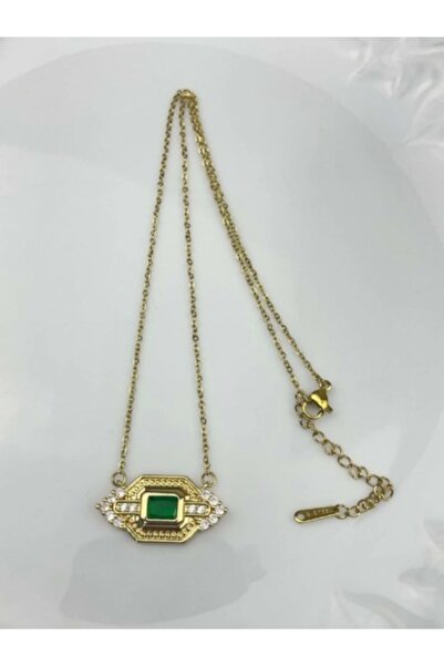 ismim bijuteri قلادة من الفولاذ باللون الذهبي مع حجر الباجيت الأخضر - تصميم خ...