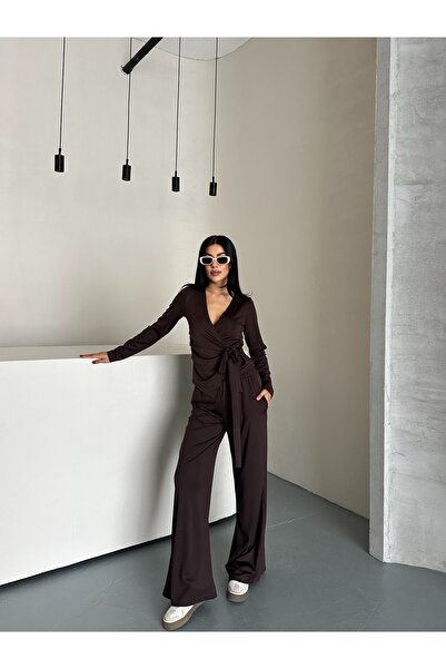 solena sln Women's Coffee Draped Asymmetrical Cut Side Tie Blouse Pants Modal Set