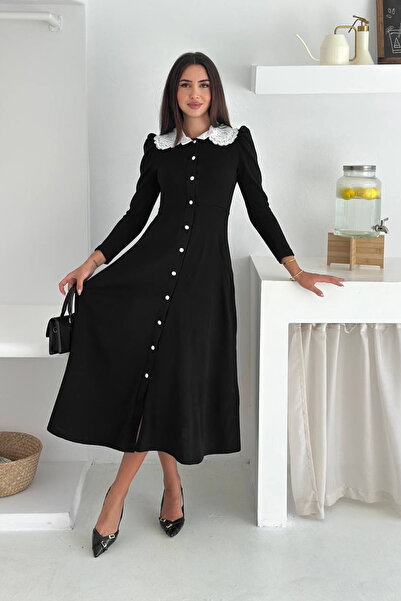 Neşeli Butik γυναικείο φόρεμα με μακρυμάνικο γιακά με κουμπιά NBK4302