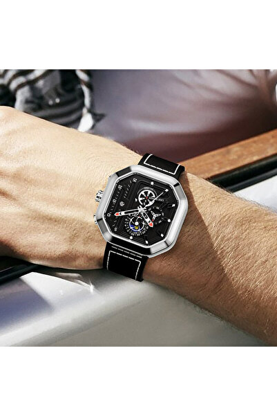 Lige Ceas bărbătesc Octagon din piele, cronograf, cu dată, argintiu