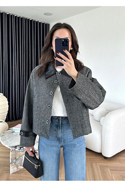 LOKADI Women's Faux Leather Trimmed Herringbone Jacket