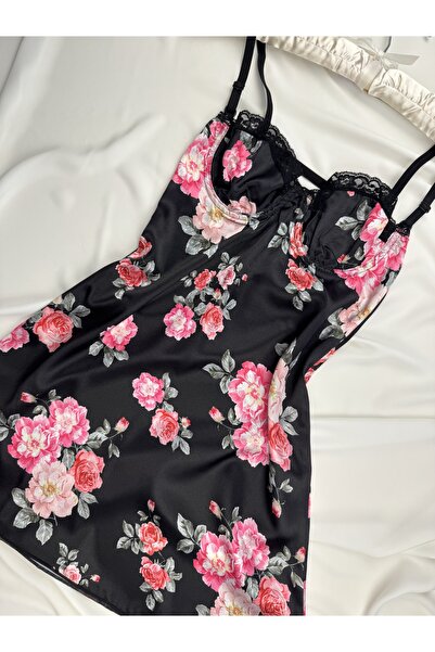 ROZENİN LINGERIE Balenli Saten Ayarlanabilir Askılı Dantelli Gecelik (BABYDOLL)
