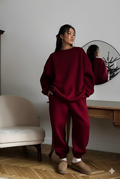 GIA - ART Kadın Double Oversize Eşofman Takımı Basic Bordo – Bisiklet Yaka, Lastikli Paça, 3 İplik Polar