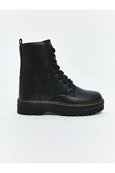 LC Waikiki Black Leather-Look Lace-Up Girl's Boots