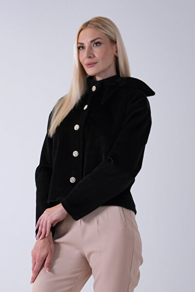 Feminist Omuz Fiyonk Detaylı Düğme Kapamalı Kaşe Ceket Siyah 41630060