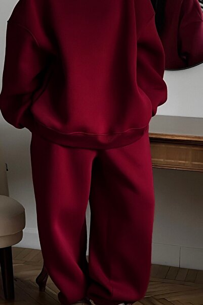 GIA - ART Kadın Double Oversize Eşofman Takımı Basic Bordo – Bisiklet Yaka, Lastikli Paça, 3 İplik Polar