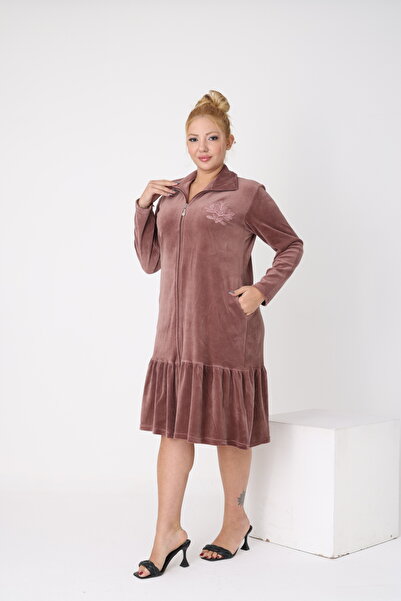 STELLETO Φόρεμα με βολάν με λεπτομέρεια κεντήματος με λαιμόκοψη με μακρύ μανίκι με φερμουάρ βελούδινο φόρεμα μεγάλου μεγέθους