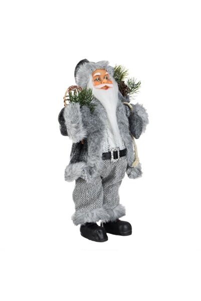 OEM Figurina Decorativa Mos Craciun cu Blana Alba Gri & Schiuri 30cm Ideal De Craciun Acasa