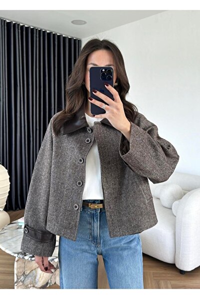 LOKADI Women's Faux Leather Trimmed Herringbone Jacket