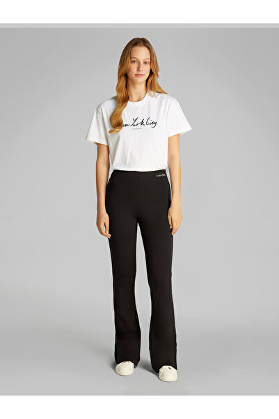 Calvin Klein Women Black Milano Logo Embroidered Flared Leggings