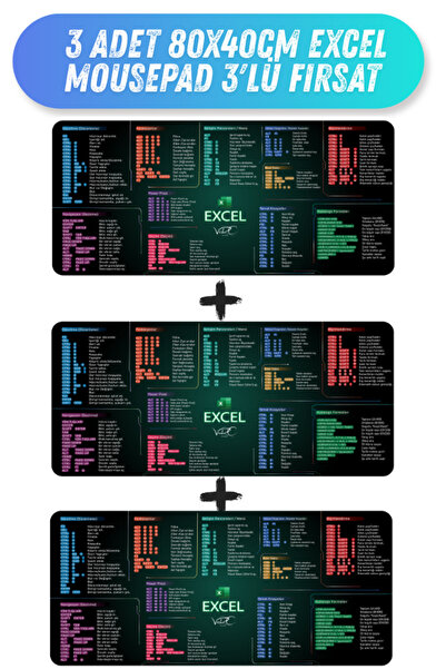 VRC Ticaret 3 Adet Excel Kısayol Mousepad 80x40 Kaymaz Kauçuk 3'lü Fırsat