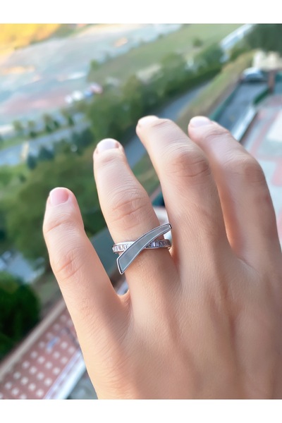 VEGALUXE Steel Design Stone-Inlaid Silver Color Ring Adjustable to Fit Finger. Does Not Tarnish.