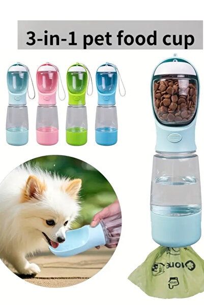 ego home Taşınabilir Kedi Köpek Suluğu 500 ml 3in 1 arada Seyahat Su Şişesi Mama Kaseli ve Çöp Poşeti Hazneli