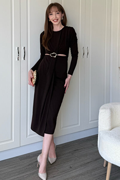 Dilay Gökoğlu Butik Μίντι καφέ φόρεμα με μακρυμάνικο λεπτομέρεια στη μέση