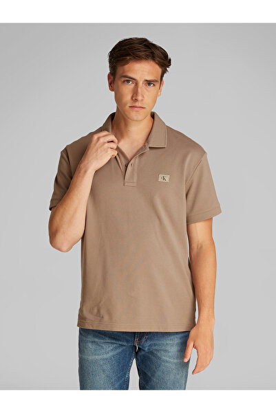 Calvin Klein Men Taupe Gray Short Sleeve Woven Label Polo T-Shirt