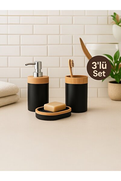 Nesto Home Bambu Görünümlü 3'lü Banyo Seti-Sıvı Sabunluk,Diş Fırçalık,Sabunluk
