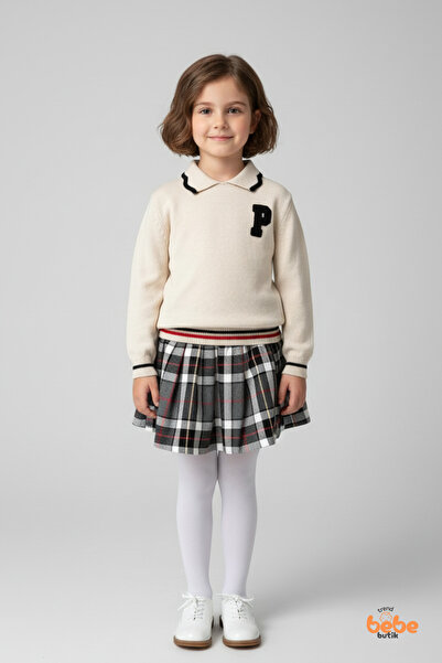 Trend Bebe Butik Set de tricotaje ecru pentru fete, pulover și pantaloni scur...