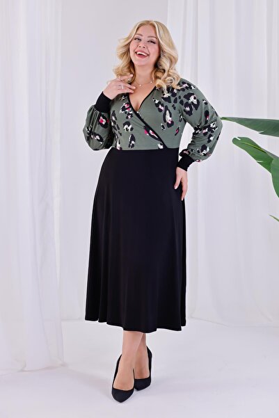 Madwilo Women's Green Tiger Pattern Blocky Double Breasted Collar Balloon Sleeve Plus Size Stretchy Maxi Dress