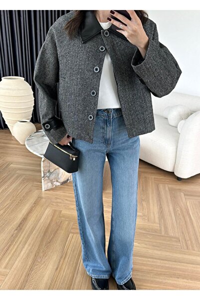 LOKADI Women's Faux Leather Trimmed Herringbone Jacket