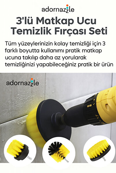 adornazzle Zorlu Kirler İçin Matkap Ucu Fırça Seti, 3’lü Başlık, Çok Amaçlı Temizlik ve Yıkama Aparatı