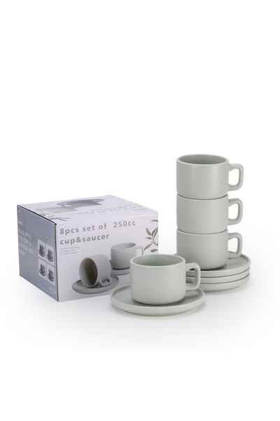 SHALLOW Stoneware OSLO 8-Piece Tea Cup & Saucer Set-250ml - Green, 4×250ml Cu...