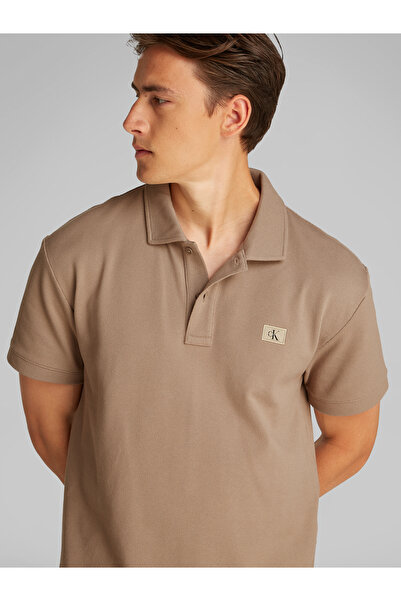 Calvin Klein Men Taupe Gray Short Sleeve Woven Label Polo T-Shirt