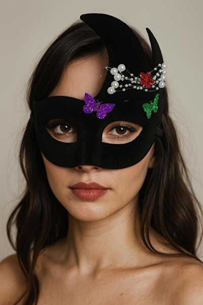 Mustran قناع حفلة فينيسيا مطلي باللون الأسود واللؤلؤ والأحجار مقاس 20 × 22 سم