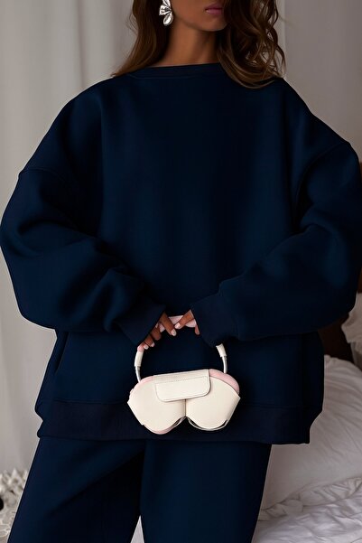 The Champ Clothing Women's Double Oversize Tracksuit Set Basic Navy Blue – Crew Neck, Elasticated Legs, 3 Thread Fleece