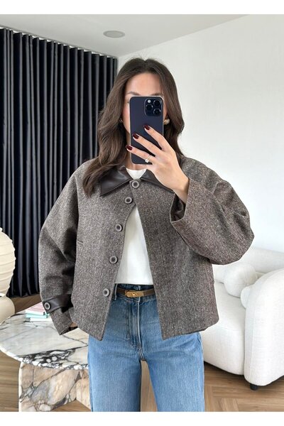 LOKADI Women's Faux Leather Trimmed Herringbone Jacket