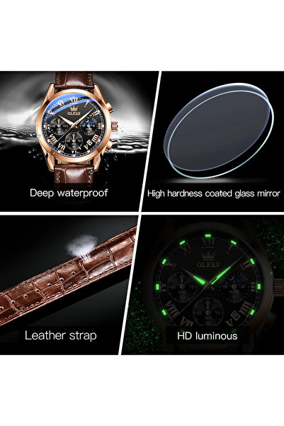 OLEVS Ανδρικό Ρολόι Δερμάτινο Quartz Αναλογικό Κλασικό Business Καφέ