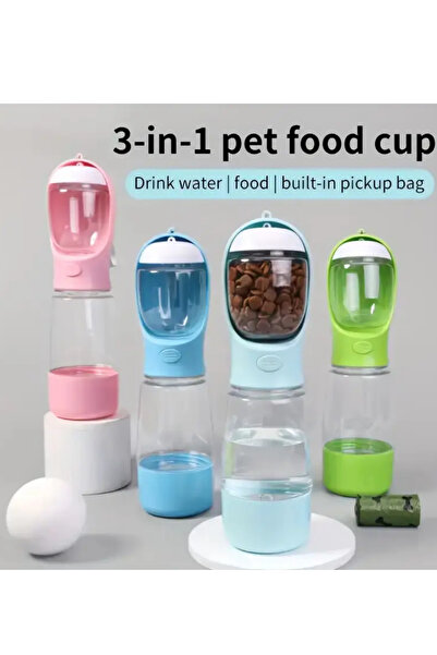 ego home Taşınabilir Kedi Köpek Suluğu 500 ml 3in 1 arada Seyahat Su Şişesi Mama Kaseli ve Çöp Poşeti Hazneli