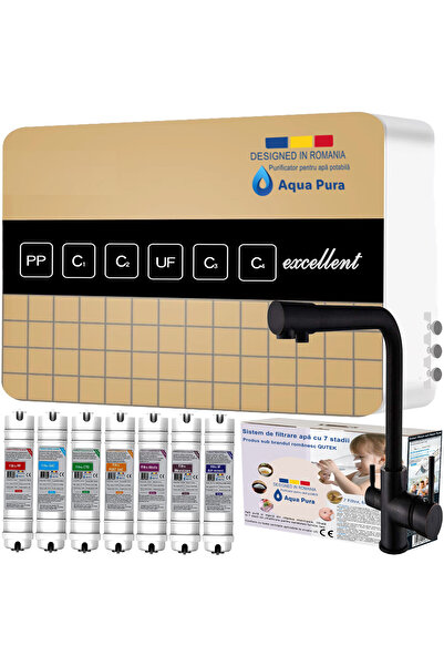 QuTek Filtru de apa Aqua Pura, 7 stagii de ultrafiltrare, include baterie cu 3 cai, neagra, 0.01 microni