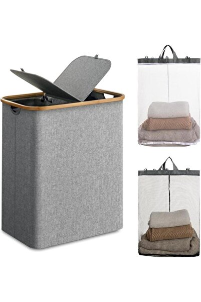 Atbyhome Mien Bambu Kenarlı Kumaş Katlanabilir 150 Lt Çamaşır Sepeti 57x37x70