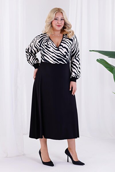 Madwilo Women's Black and White Zebra Pattern Blocky Double Breasted Collar Balloon Sleeve Plus Size Stretchy Maxi Dress