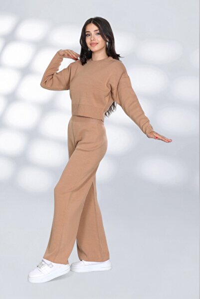 NEWCO Set de tricotaje cu textura moale - pantaloni cu picioare largi și top ...