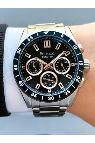 Ferrucci ساعة يد رجالية – مظهر كرونوغراف – سوار فولاذي – قرص أسود – ضمان لمدة...
