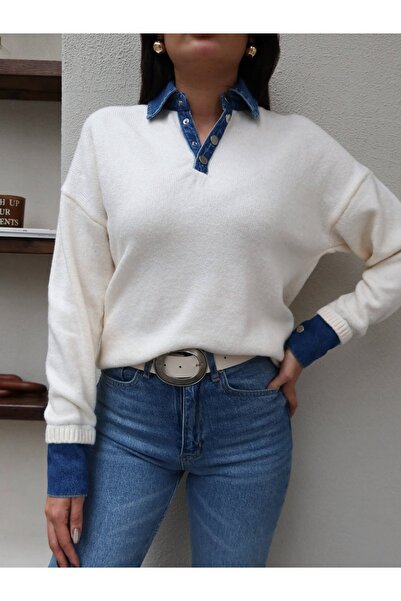 ESRAHELVACI Snap Fastener Denim Detail Knitwear Sweater