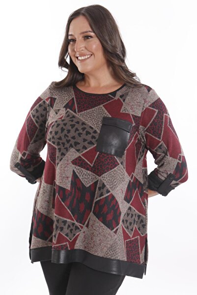 SERTUĞ Trend42plus Μπλούζα μεγάλου μεγέθους με γεωμετρικό σχέδιο με δερμάτινες τσέπες μπορντό