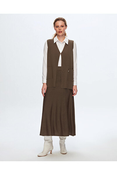 MISS DALIDA T24K-1003 İki Cepli Triko Yelek DATA-BROWN
