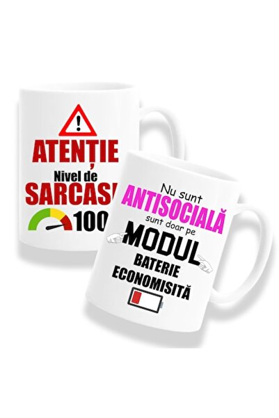 OEM Set de 2 căni cu mesaj amuzant: „Atenție, sarcasm, antisocial”, Betaprint...