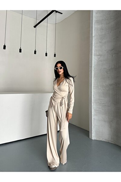 solena sln Women's Beige Draped Asymmetrical Cut Side Tie Blouse Pants Modal Set