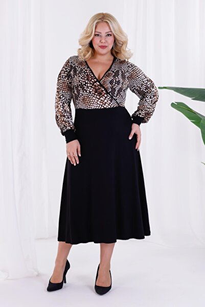 Madwilo Women's Coffee Black Snake Pattern Blocky Double Breasted Neckline Balloon Sleeve Plus Size Stretchy Maxi Dress