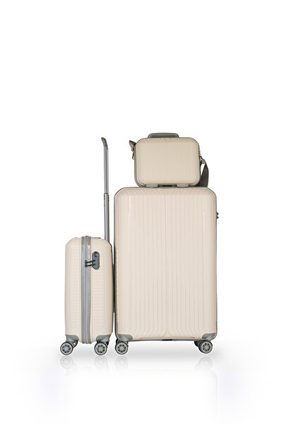 GROUND Sirius Gar Büyük ve Kabin Boy Valiz + Makyaj Çantası - Kemik Gri - 10728