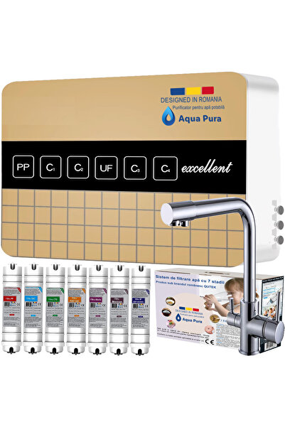 QuTek Filtru de apa Aqua Pura, 7 stagii de ultrafiltrare si mineralizare, include baterie cu 3 cai