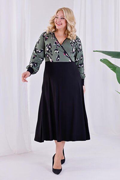 Madwilo Women's Green Tiger Pattern Blocky Double Breasted Collar Balloon Sleeve Plus Size Stretchy Maxi Dress