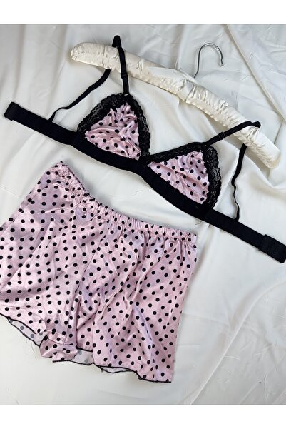 ROZENİN LINGERIE Desenli Saten Bralet Şort Pijama Takımı