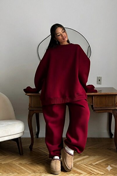 GIA - ART Kadın Double Oversize Eşofman Takımı Basic Bordo – Bisiklet Yaka, Lastikli Paça, 3 İplik Polar