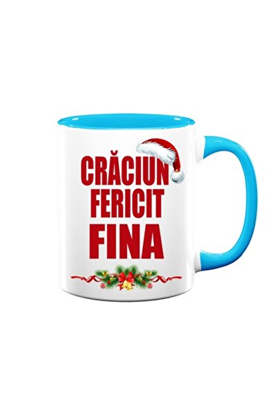 OEM Cană personalizată pentru Fina cu mesajul „Crăciun fericit, Fina”, Betaprint, Model 4, Alb cu Albastru