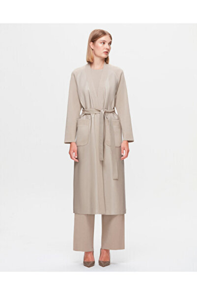 MISS DALIDA T25K-8011 Önü Deri Kuşaklı Uzun Ceket 8YR71-STONE
